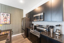 Welcome to a modern kitchen with sleek black cabinets and polished granite countertops, perfect for cooking. Enjoy the playful artwork that adds personality, complemented by stylish and functional stainless-steel appliances.