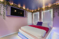 Experience a vibrant sanctuary with playful pink walls and a striking blue ceiling, twinkling lights, and lush greenery. Relax on the elevated bed and enjoy cozy entertainment on the wall-mounted TV during your downtime.