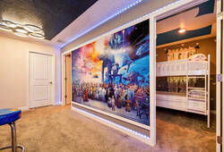 Enjoy a galaxy themed hallway with a bold space mural, LED lighting, soft carpet, and access to a cozy bunk bedroom, creating a fun entertainment area for kids and families.