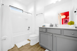 This bright and airy bathroom boasts sleek gray cabinetry that pairs beautifully with warm wood-tone flooring. The abundant natural light creates a clean, fresh atmosphere, making it ideal for a rejuvenating experience.