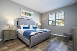 Welcome to a beautifully designed bedroom featuring a plush gray bed, crisp white linens, and vibrant blue accents. Large windows invite natural light, enhancing the cozy, modern atmosphere of the sleek wood flooring.