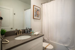 This bright, functional bathroom boasts a sleek gray countertop, a stylish round sink, and a cozy shower curtain. Enjoy decorative artwork that adds personality, along with essential toiletries arranged for your convenience.