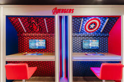 Discover a vibrant gaming zone for all ages, adorned with striking Avengers-themed decor. The bold red and blue accents energize the space, while cozy seating ensures you enjoy hours of fun and friendly competition.