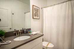 Bright and airy, this bathroom features a sleek countertop paired with a modern sink and stylish fixtures. The subtle artwork adds a touch of charm, while the soft white shower curtain invites relaxation after a day of adventure.