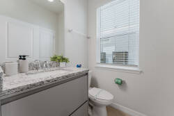 Experience a bright bathroom with a modern vanity and stunning granite countertop that blend style with functionality. Natural light floods in, accentuating the sleek fixtures and fresh greenery for a rejuvenating atmosphere.