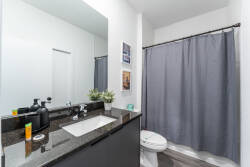 This stylish bathroom features a sleek black granite countertop and bright white cabinetry for a modern touch. A large mirror enhances the natural light, creating an airy atmosphere, while a tasteful plant adds a warm touch.