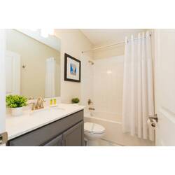 Freshen up in a bright bathroom with a bathtub and shower, white curtain, gray vanity, large mirror, warm lighting, clean countertop, small plants, and simple modern decor.